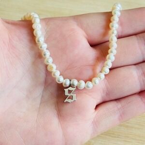 Dalmata Initial letter "S" Pearl Necklace Stainless Steel Freshwater beads 17"